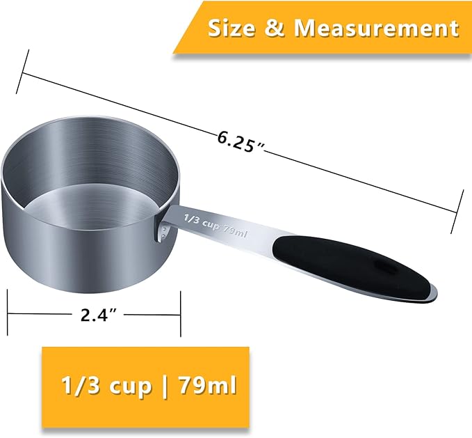 1PCS 1/3Cup (79ml, 2.7oz) Single Measuring Cup with Black Silicone Grip, Stainless Steel Individual Measure Scoop Only