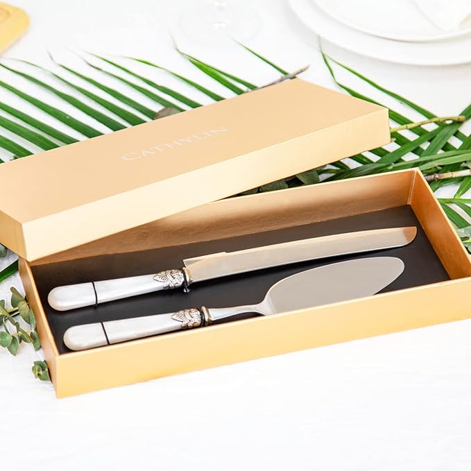 CATHYLIN Wedding Cake Knife and Serve Set, Fancy Hand Craft Italian Style Design, Pearl Pie Knife Server Set, Vintage Silverware,Cake Cutter Set, Cake Knife Gift Set, 2 pcs (White)