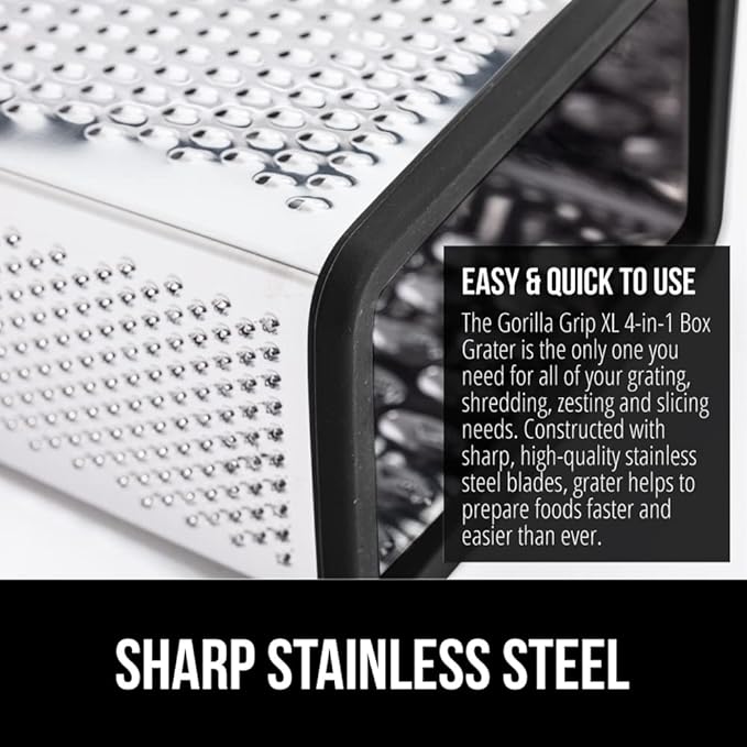 GORILLA GRIP 4-Sided Stainless Steel Cheese Grater With Container, 100% BPA-Free Box Grater, Slip Resistant Base and Handle, Grate Parmesan, Hard Cheeses, Shred Vegetables, Dishwasher Safe, Black