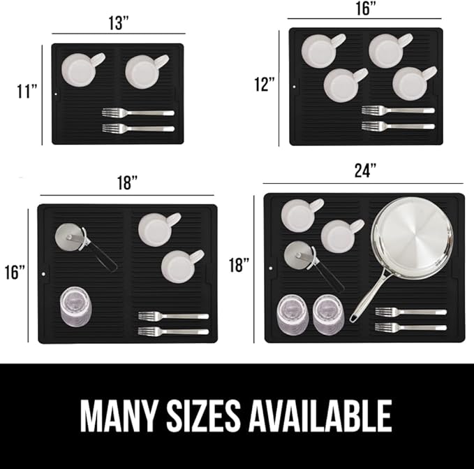 GORILLA GRIP 100% BPA-Free Patented Silicone Dish Drying Mat for Kitchen Counter, 18x16 Inch, Water Catching Ribbed Design, Easy Clean Waterproof Sink Liner, Heat Resistant, Fits Under Rack, Black