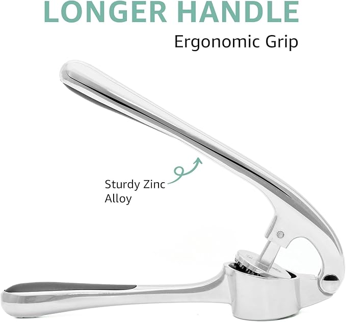 Garlic Press – Heavy Duty Garlic Press Mincer with Ergonomic Handle, Rust-Resistant Zinc Alloy, Dishwasher Safe, Includes Silicone Garlic Peeler & Cleaning Brush (Imperial Silver)