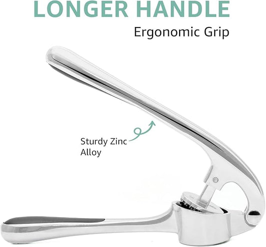 Garlic Press – Heavy Duty Garlic Press Mincer with Ergonomic Handle, Rust-Resistant Zinc Alloy, Dishwasher Safe, Includes Silicone Garlic Peeler & Cleaning Brush (Imperial Silver)