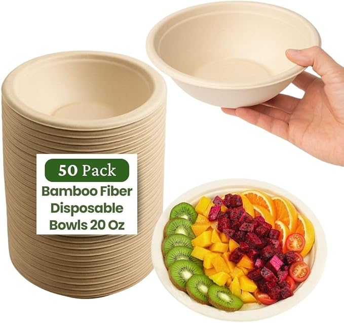 Dtocs Bamboo Fiber Disposable Bowls – 20 Oz, 50 Pk | Bamboo Round Bowl | Microwavable Bagasse Bowl like Soup, Cake, Salsa, Salad bowls | Disposable Dinnerware Sub Paper, Plastic, Styrofoam, Leaf