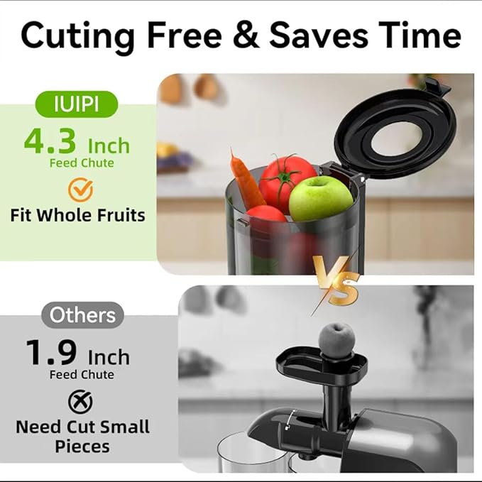 Cold Press Juicer, Slow Masticating Juicer Machines for Whole Vegetable and Fruit, 4.3" Feed Chute, BPA Free, Quiet Easy Clean Juicer to Unlock Fresh & Nutritious Juices(Black)