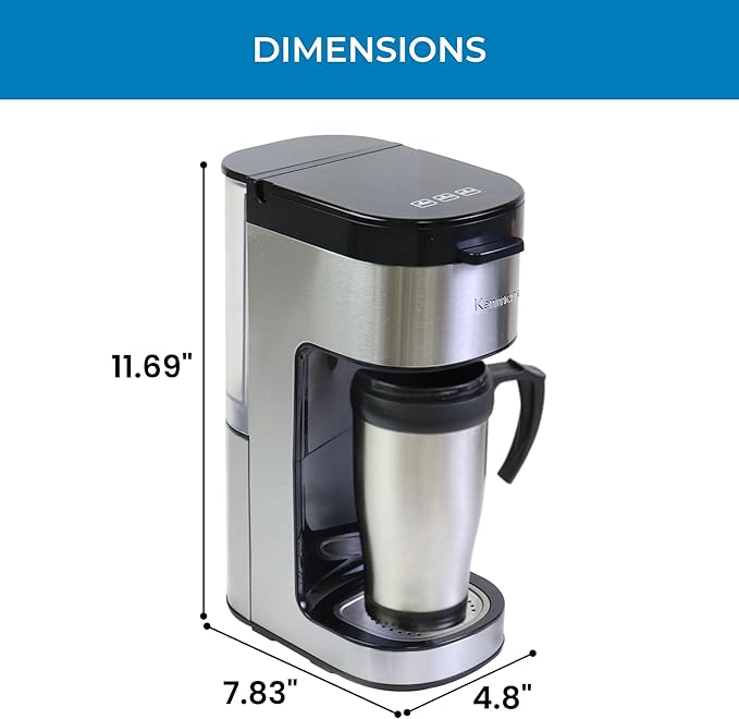 Kenmore Single Serve Coffee Maker – 6–14 Oz Brew Sizes, Compatible with Keurig K‑Cup Pods & Ground Coffee, One Cup Brewer, Travel Mug Friendly, Auto Shut‑Off, Hot & Iced Machine à café, White