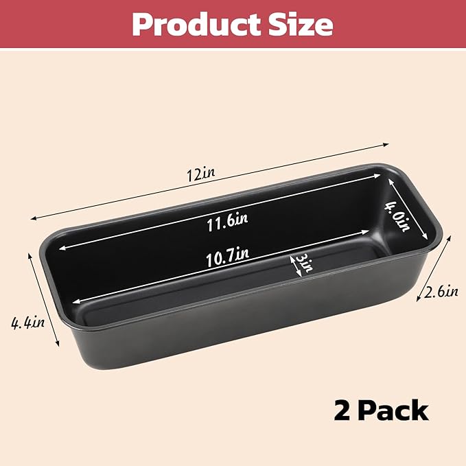 Beasea Long Loaf Bread Pan, 12x4 Inch 2 Set Rectangle Loaf Pan, Nonstick Bread Pans Carbon Steel Toast Pan Black Cake Pan Loaf Baking Pans Bakeware for Oven Baking