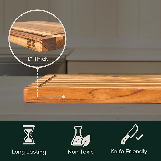 EZ FURNITURE Small (S) Teak Wood Premium Cutting & Serving Board, Knife Friendly, Pre-Oiled End Grain with Juice Groove & Handles, Non-Toxic (14"Lx10"Wx1"Th, 3.75lbs)