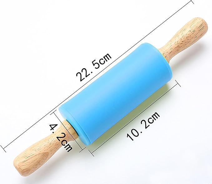 Silicone Rolling Pin, Blue 9 Inch Pin with Wooden Rotatable Handle for Dough of Baking Bread, Cookie, Pizza (blue, 9 inch)