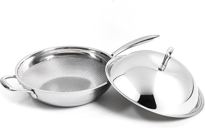 BUFFALO Honeycomb 3ply Stainless Steel Wok Pan 11 inch/28cm with Lid Flat Bottom - Coating-Free Non-stick Stir Fry Pan - Advanced, Scratch-Resistant Design with Stay-Cool Long Handle