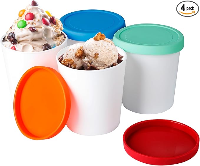 Ice Cream Containers for Homemade (4 Pack - 1 Quart Each), Reusable PP Plastic Ice Cream Storage Containers for Freezer, Leak-Free Ice Cream Containers with Silicone Lids