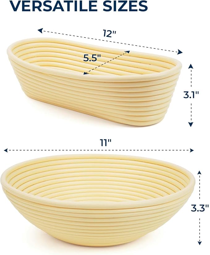 Banneton Bread Proofing Baskets Set of 2, 11″ Round & 12″ Oval Sourdough Proofing Baskets with Liners, Proofing Bowls for Sourdough Bread (Plastic)