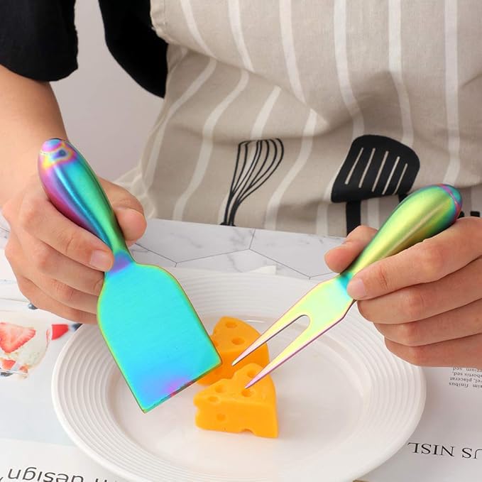 Buyer Star Rainbow 4 Piece Cheese Knife Set Stainless Steel Mini Cheese knives Charcuterie Board Accessories Cheese Spreader Knife with Gift Box for Charcuterie, Gift-Ready