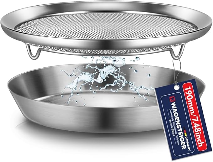 Stainless Steel Mesh Tray Set with Drip Pan, Air Fryer Basket and Tray, Kitchen Colander, Vegetable and Fruit Strainer, Food Filter, BBQ Prep Tool, Fruit Serving Dishes (7.48 inch)