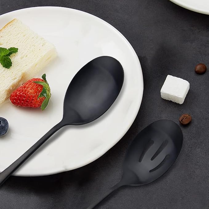 AOOSY 8.7 Inch Matte Black Stainless Steel Serving Spoon Set, Serving Spoons x 1, Slotted Spoons x 1 Utility Advanced Buffet Utensils