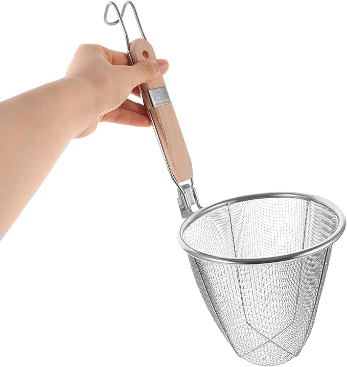 Stainless Steel Pasta Strainer Basket with Wooden Handle 13 Inch Noodle Skimmer Spoon for Cooking Dumplings Hot Pot and Food Draining