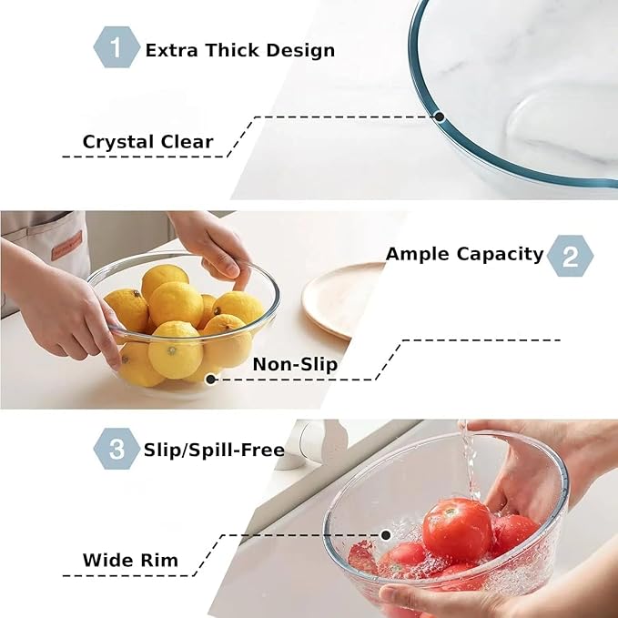 3pc Glass Mixing Bowls with Lids Set (1.64QT, 1.16QT, 0.85QT), Thick Salad Bowl, Nesting Glass Mixing Bowl for Cooking, Baking, Prepping-Dishwasher Microwave Freezer Safe