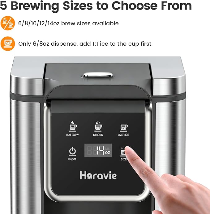 Single Serve Coffee Maker for K-Cup Pod and Grounds, Hot and Iced Coffee Maker, 6 to 14oz Brew Sizes, Strong Button Feature, 50oz Removable Reservoir, Up to 6.5 Inch Cup, Stainless Steel, Grey