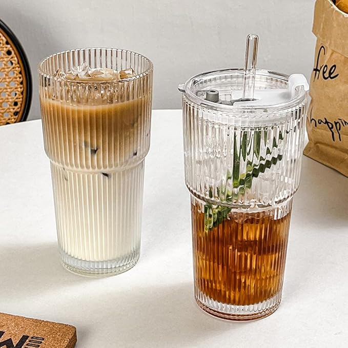 TUZAZO 20 Oz Glass Tumblers with Lids and Straws - 4 Pack Ribbed Glass Iced Coffee Cup with Straw and Lid, Thicken Glasses, Ideal for Smoothieds, Cocktails, and Juices