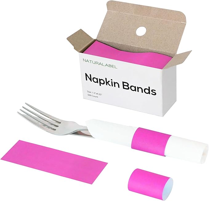 NATURALABEL 500 PCS Paper Napkin Rings with Box, Self-Adhesive Napkin Bands, for Family Meal, Birthday Party, Wedding, Celebration (Hot Pink)