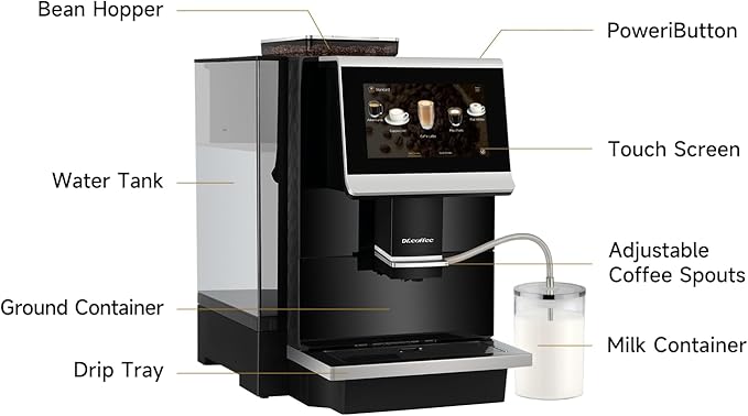 DR.COFFEE C12 Fully Automatic Coffee Machine, Espresso Machine With Ceramic Flat Burrs, 9 Grind Size Options, 7” HD Large Touchscreen, 4 Water Tank for Office Use