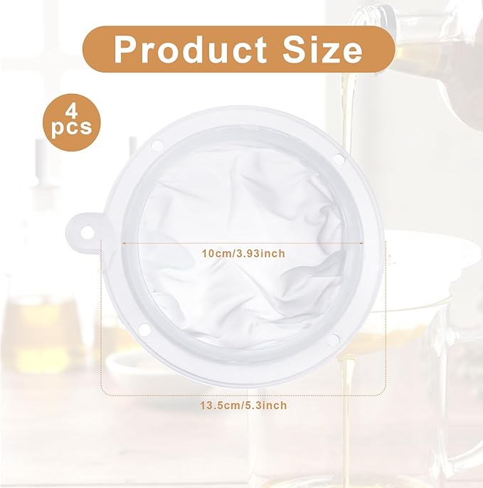 4Pcs Coffee Strainer Fine Mesh Milk Filter Nylon Mesh Strainer 4 inch Cooking Oil Filter for Soy Juice Wine, Suit 5 Inch Kitchen Funnels, White, 200 Nylon Meshes