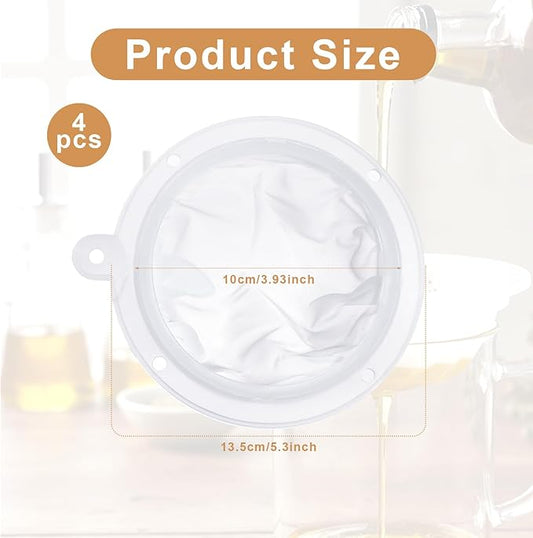 4Pcs Coffee Strainer Fine Mesh Milk Filter Nylon Mesh Strainer 4 inch Cooking Oil Filter for Soy Juice Wine, Suit 5 Inch Kitchen Funnels, White, 200 Nylon Meshes