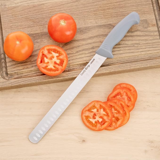 Restaurantware 12 Inch Slicing Knife Stainless Steel Ergonomic Handle Non-Slip Grip Durable Kitchen Knife, Dishwasher-Friendly for Home Cooking and Commercial Use, Gray