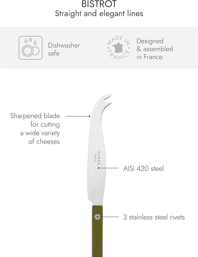 SABRE PARIS - Cheese Knife 9.4 inches - Bistrot Vintage Collection - All Cheeses - Stainless Steel & Nylon - Dishwasher Safe - Fern Green - Mat Finish