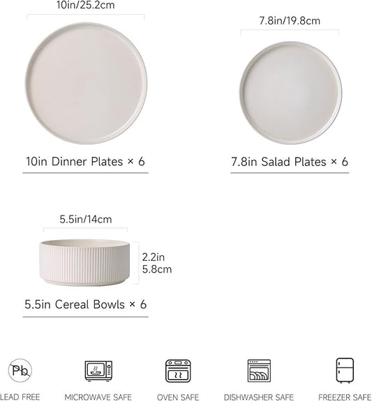 Dinnerware Set Service for 6, 18-Piece Ceramic Plates and Bowls Set, Chip & Scratch Resistant, Microwave and Dishwasher Safe, Modern Minimalist Tableware for Everyday Use, Matte White