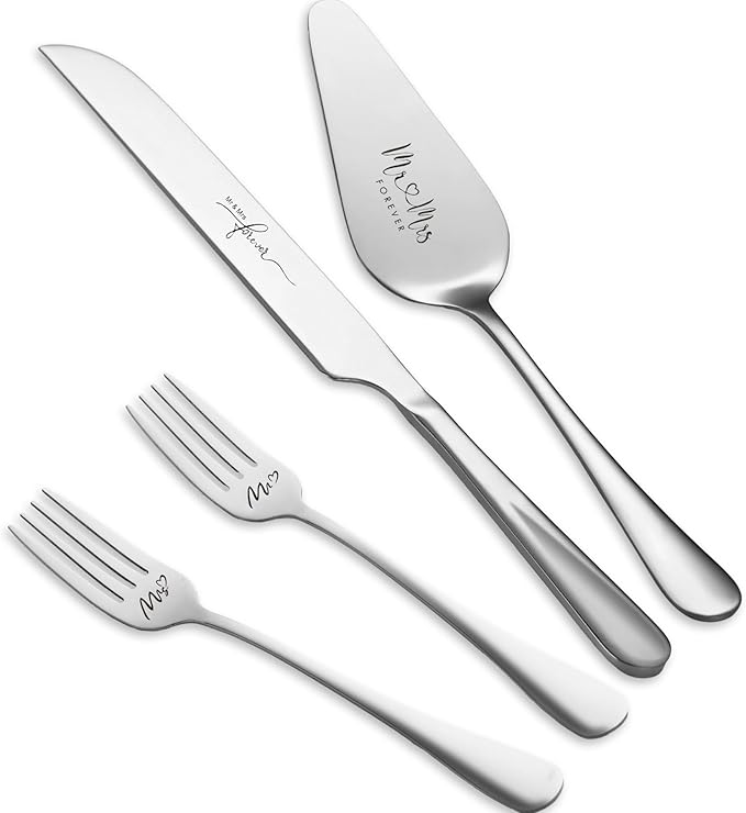 Silver Cake Cutting Set for Wedding, Cake Knife and Server Set, Bride & Groom Cutter Server Set and Forks, Birthday, Wedding, Bridal Shower Gifts for Couples
