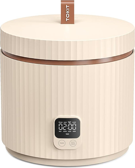 TOKIT Rice Cooker Small 3 Cup Uncooked /6 Cup Cooked, Modern Multifunctional Mini Rice Cooker with Display Touch Button for 1-3 People Ceramic Coated Non-Stick Pot 8 Cook Functions - Cooking & Warmer