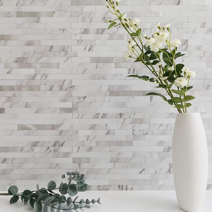 DICOFUN 20-Sheet Peel and Stick Backsplash Tile, Faux White Marble Look PVC Mixed Metal Stick on Backsplash Tiles for Kitchen, 18.8 sq.ft