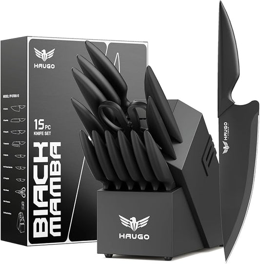 Knife Set - Haugo 15 PCS Kitchen Knife Set with Built in Sharpener - High Carbon German Stainless Steel - Dishwasher Safe Knife Block Set - Ergonomic Handles - Black Mamba Series