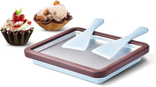ROEDEER Rolled Ice Cream Maker, Ice Cream Roll Maker Plate with 2 Spatulas, Instant Rolled Ice Cream Machines for DIY Ice Cream, Includes Recipe Book, Fun Gifts for Kids, Color:Brown and Blue