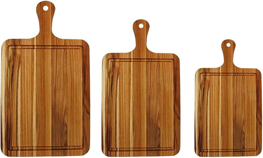 EcoDecors 3 Piece Teak Cutting Board Set with Handles, FSC Certified Edge Grain, Prep and Serving Boards for Kitchen