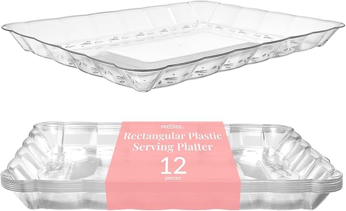 Prestee 12-Pack Serving Tray - 9x13 Inches Disposable Rectangular Plastic Food Tray for Parties and Events - Clear Platters for Dessert Table Displays, Appetizers, Snacks, and More