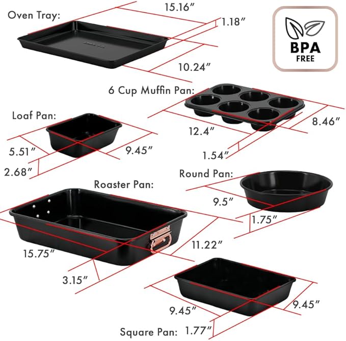 Prime Cuisine Nonstick Ceramic Bakeware Set – 8 Piece Baking Pans Set, Oven Safe to 450°F, Includes Muffin Pans, Cookie Sheets, Loaf, Roaster, Round & Square Pans, BPA-Free