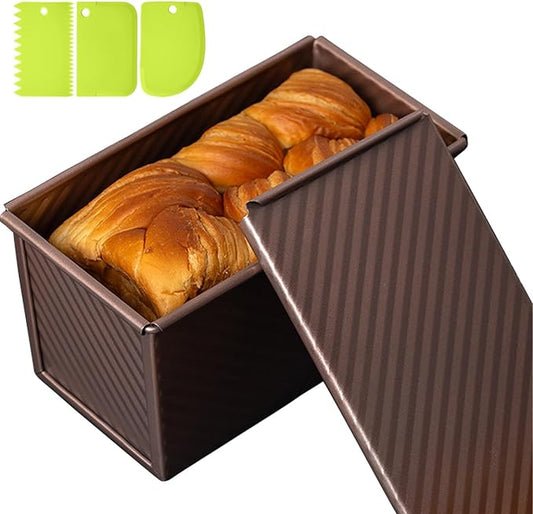 Pullman Loaf Pan with Lid & Dough Scraper Cutter, Nonstick Carbon Steel Bread Baking Pan, Heavy Duty Bakeware, Perfect for Homemade Sandwich, Sourdough, Toast & Cake