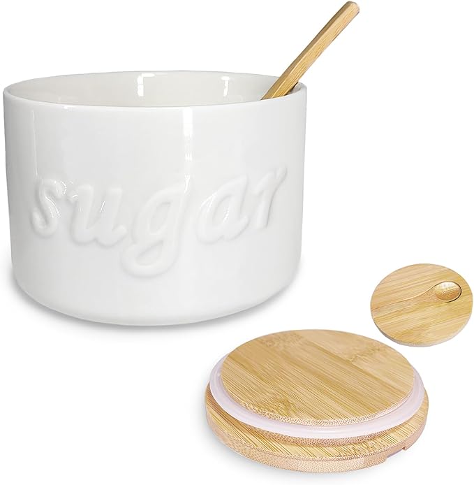 Sugar Bowl with Lid and Spoon, 16 OZ Airtight Sugar Container for Coffee Bar, Farmhouse Ceramic Jar, Sugar Holder Coffee Bar Accessories for Countertop, White