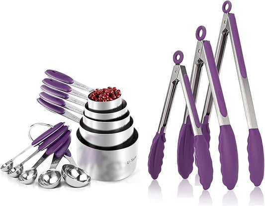 U-Taste 18/8 Stainless Steel Measuring Cups and Spoons Set and 600ºF High Heat-Resistant Kitchen Tong Set (Purple)