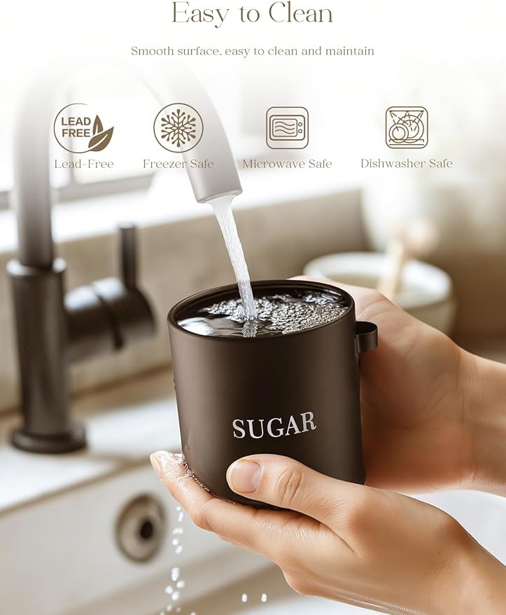 AISBUGUR Sugar Bowl with Lid and Spoon: 17oz Metal Sugar Container - Airtight Food Sugar Jar - Coffee Bar Accessories - Countertop Kitchen Decor (Black)