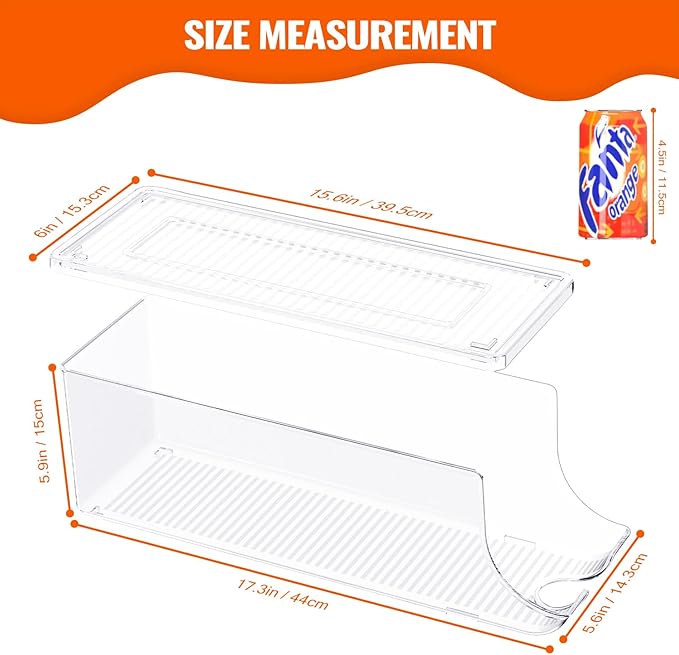 2 Pack Soda Can Organizer for Refrigerator, Stackable Canned Food Pop Cans Container Can Holder Dispenser with Lid for Fridge Rack Freezer, Clear Storage Bins-Holds 12 Cans Each (Clear)