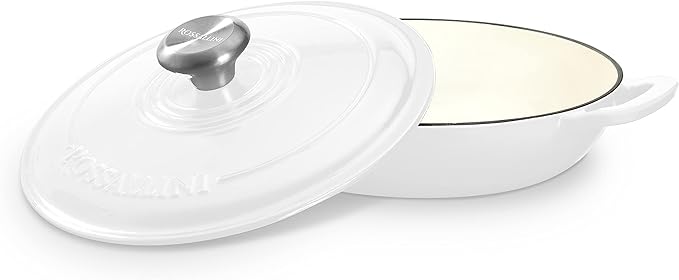 ROSSALLINI Signature Enameled Cast Iron Braiser, Non-Stick Serving Pot with Tight Fitting Lid for Perfect Roasting, Baking, Sauteing, Searing, and Pan Frying | 3.5Q (3.3L) - White