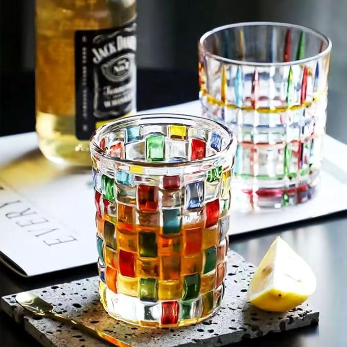 Set of 6 or 5 Hand-painted Colorful Glass Tumblers, Drinking Glassware, Cocktail Glasses for Iced Coffee Juice Tea Beverage Milk Wine With Artistic Design