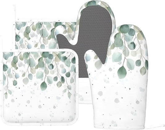 Sage Green Eucalyptus Silicone Oven Mitts and Pot Holders Sets Watercolor Leaves Kitchen Mitts Potholder Kitchen Accessories for Cooking Baking BBQ
