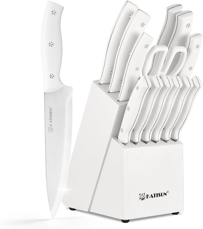 Knife Set, White High Carbon Stainless Steel Kitchen Knife Sets with Block, Built-in Sharpener, Forged Triple Rivet, Dishwasher Safe