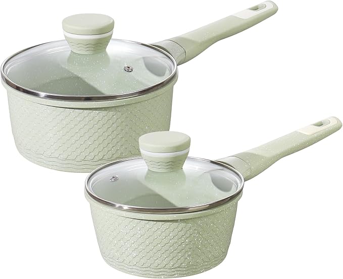 Xuanying Sauce pan set 4 Pcs 1.5Qt & 2.0Qt SaucePan Set with Lid, Non Stick Sauce Pot for Cooking, Easy to Clean, 100% Free PFOA PFAS Cooking all stovetop - Green Granite