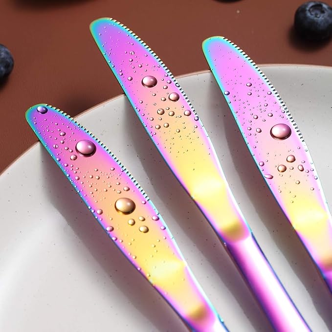 Berglander Rainbow Dinner Knives Set Of 4, Stainless Steel Titanium Plating Shiny Colorful Dinner Knife, Mutil Color Butter Knife Spreader Table Knives Sturdy And Dishwasher Safe