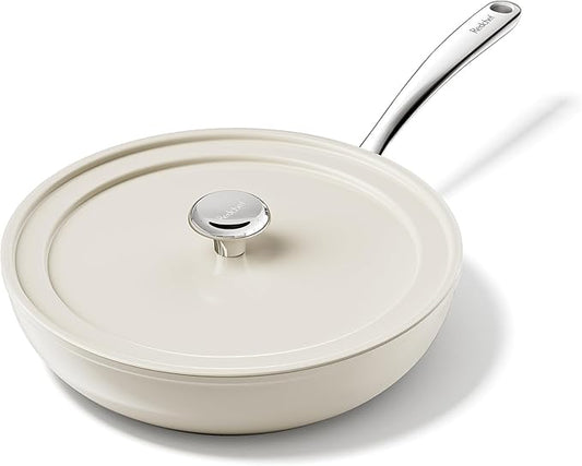 Redchef Ceramic Frying Pan with Lid, 11" Deep Saute Pan, 3.5QT Large Jumbo Cooker, Frying Pan Nonstick with Stay Cool Handle, Non Toxic Cooking Pan, Induction Dishwasher Safe, PFOA & PFAS Free(Beige)