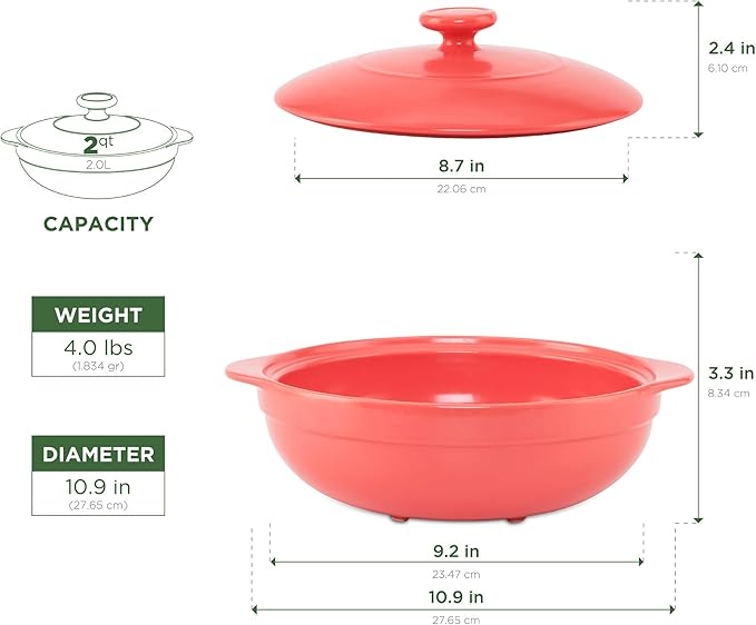 MINH LONG 2-Qt Porcelain Dutch Oven with Lid – Lead & Cadmium Free, Oven Safe to 482°F, Heat Retention, Clay Pot for Cooking on Gas & Infrared Cooktop, Use to Marinate, Cook, Bake, Refrigerate & Serve